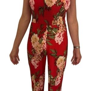 Red Floral Jumpsuit Strapless Smocked‎ Bodice Summer Casual Party Romper